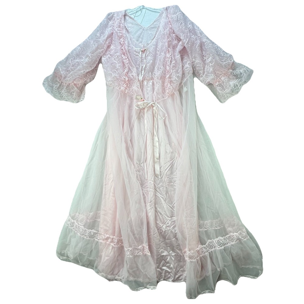 Vintage Tosca Long 2 Pc Nightgown Peignoir Robe Set‎ Small Nylon Pink Lace